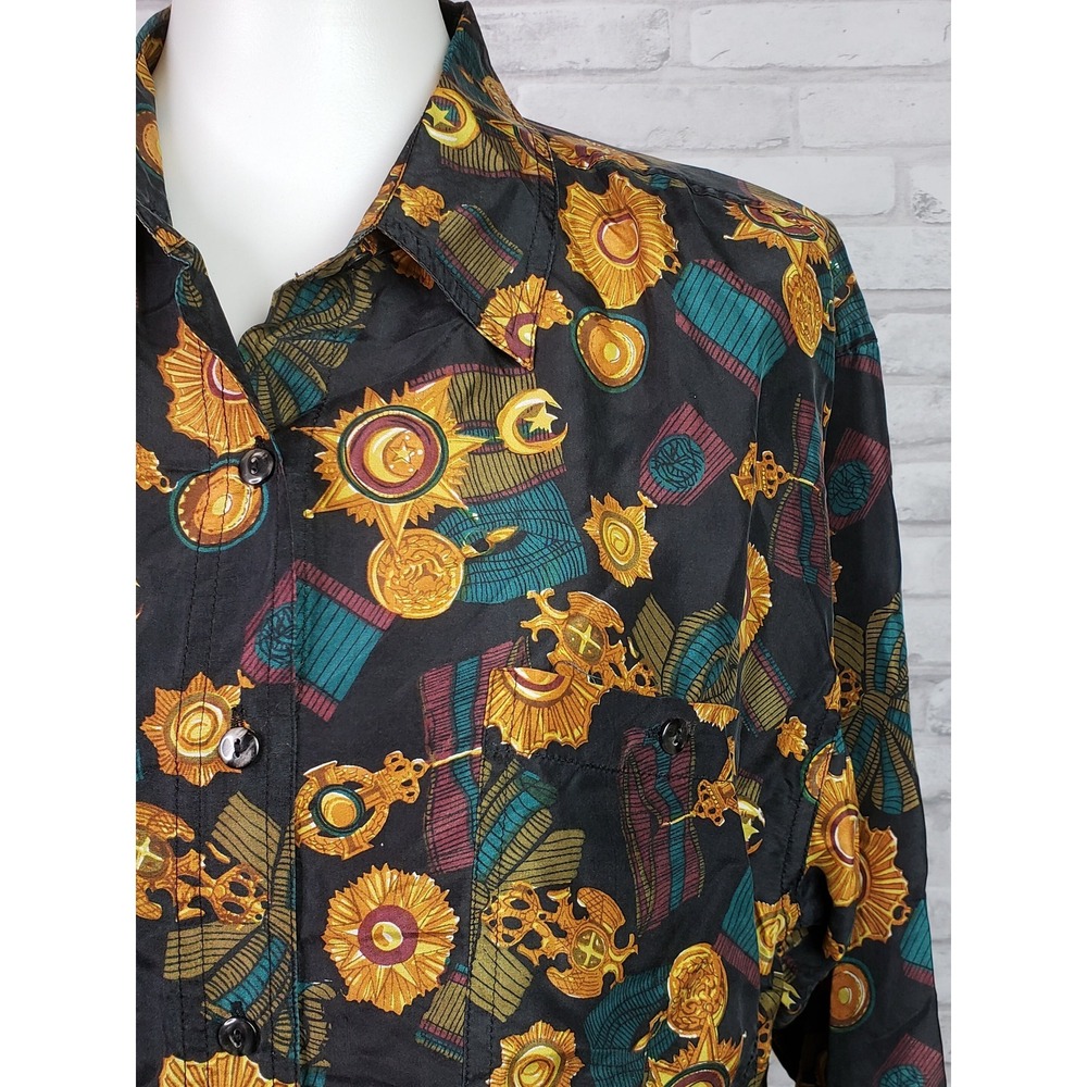 Vintage 80s navy blue silk blouse baroque medals ribbons print sz‎ M by Whistles - Picture 2 of 7